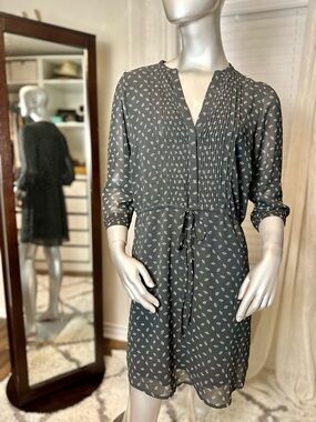 H&M Black & White Fan Print Dress 3/4 Sleeve Pleated Bib Drawstring Size 12